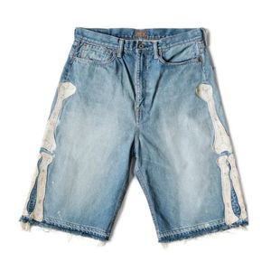 Mens Jeans KAPITAL Hirata Hohiro Loose Relaxed Pants Embroidered Bone Wash Used Raw Edge Denim Shorts for Men and Women Casual 230516