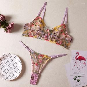 Bras Sets Sexy Floral Fancy Lingerie Lace Embroidery Fairy Seamless Tulle Underwear See Through Exotic Beautiful Bilizna Set