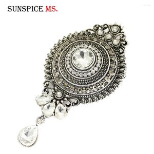 Brooches SUNSPICE MS Retro Vintage Turkish Women Crystal Brooch Antique Silver Color Round Crown Hijab Lapel Pins Wedding Banquet Jewelry