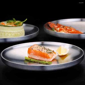 Dinnerware Sets 304 Stainless Steel Round Dish Double-wall Shallow Plate With Wire Drawing Finish 23cm