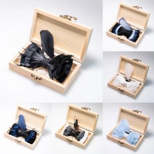 Black blue solid feather bow tie handmade mens brooch Wooden box sets wedding party gift JEMYGINS design 240122