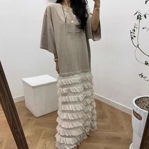 Party Dresses Superaen 2024 Korean Chic Spring Vintage Style Round Neck Panel Edge Layed Loose Casual Short Sleeve Dress