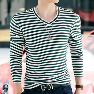 2023 Spring and Autumn Fashion Pure Cotton Simple Casual Vneck Stripe Slim Fit Long Sleeve Oversized Youth Mens Tshirt 240130