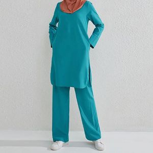 Etniska kläder Fashion Plus Size Middle East Arab Elegant Two-Piece Set for Women Solid Casual Long-Sleeved Pants Lady Clothes Suit