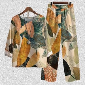 Pantaloni a due pezzi da donna Pantaloni stile harem casual Set top con stampa a foglie retrò con mezza manica elastica a gamba larga Taglie forti