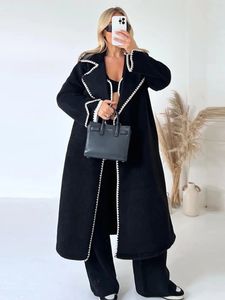 Kadınlar Patchwork yünlü maksi ceket uzun ceket zarif uzun kollu katı gevşek ceket sonbahar kış bayan dış giyim 240125