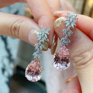 Korea Jewelry Pink Morganite Diamond Water Drop Earrings Female Elegant Long Pendant Earring Trendy Dangler Fine Gift 240125