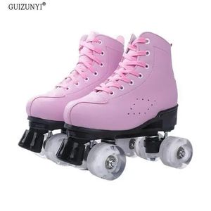 Patins de couro artificial mulheres homens adultos duas linhas sapatos de patinação patines com plutônio branco 4 rodas 240127