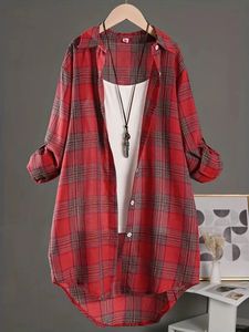 Plus Size Korean Style Plaid Blouses Medium Long Casual Style Shirt Loose Women All Match Long Sleeved Shirts Sunscreen Blouses 240202
