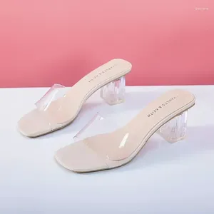 Chinelos OLOMLB Cristal Transparente Salto Feminino Sapatos Médios Confortáveis ​​Verão Mulheres Moda Mules Slides 42