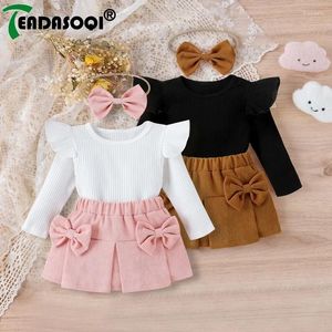 Conjuntos de roupas 0-3y bebê meninas roupas nascido voando manga com nervuras tops e veludo mini saia headband conjunto roupas infantis terno