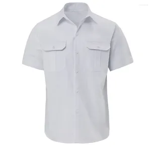 Camisas casuais masculinas manga curta camiseta preto azul escuro verde lago poliéster regular S-2XL cor sólida branco amarelo lapela