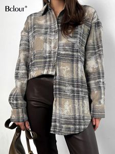 BCLOUT FASHIVE ESTRESSED PLAID Women Autumn Grey Office Lady Loose Shirts Casual Cotton Long Sleeve Bluses 2024 240123