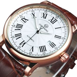 Forsining Classic Retro Automatic Mens Watch Rose Gold Case Calendar Luxury Brand Brown Leather Belt Business Mechanical Watches 240202