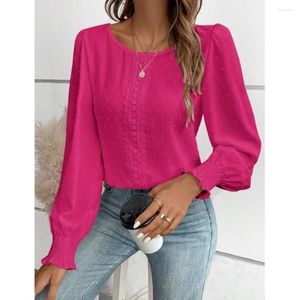 Women's Blouses Elegant Women Long Sleeved Lace Patchwork Jacquard Shirt Autumn Round Neck Casual Solid Color Blouse Office Lady Clothing