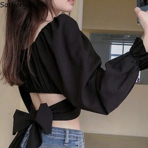 Women Blouses Solid Designer Slim Sexy Crop Top Bandage Square Collar Korean Style Trendy Temperament Females Shirts Summer Chic 240202