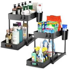 2 Tier Under Sink Organizer Glidande skåp korg förvaringsställ med krokar hängande kopp badrum kök 240125