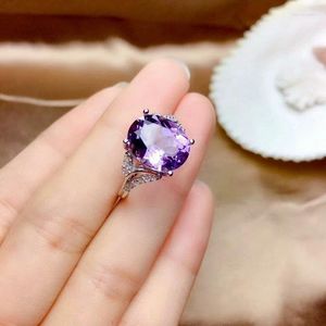 Cluster-Ringe, natürlicher violetter Amethyst-Quarz, verstellbarer Ring, 925er Silber, für Damen, oval, klare Perle, 12 x 10 mm, geschnittener, facettierter wohlhabender Stein