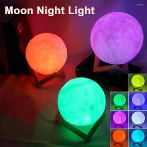 Night Lights 3D Print Moon Lamp LED Light Battery Powered With Stand Starry Bedroom Bedside Home Decor Children's Gift