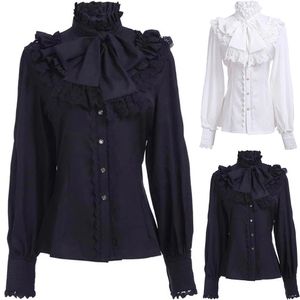 Vintage vitoriano ruched rendas camisas e blusas gótico lolita manga longa babados sólido preto branco topos camisa para mulher 240130