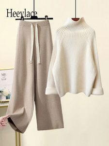 Autumn Winter Warm Knitted Suit Women Long Sleeve Half Turtleneck Knitting Sweater And Wide Leg Pants Sets Outer Wear Loose Set 240124