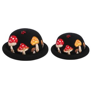 Parent-Child Winter Autumn Faux Wool Felt Jazz Hat Cute Cartoon Mushroom Ladybird Embroidery Vintage Prom Bucket Cap Party Props 240130