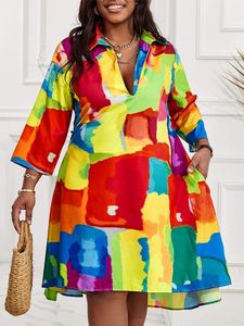 Dress for Women 2023 Casual Plus Size Abstract Print Flowy Shirt Vestidos De Mujer Elegant Boho Mini Robe Female 240129