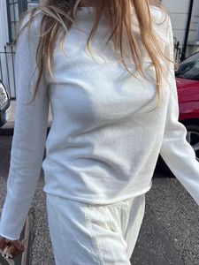 ソリッド生のトリムニットTシャツ丸い首秋白い綿長袖Tシャツヴィンテージシンプルなカジュアルベーシックプルオーバートップ240118