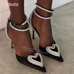 Rhinestone Heart Pumps 630 Crystal Glossy Ankle Strap Point Toe Thin Heel Solid Elegant Fashion Sexy Women Shoe Est 240125