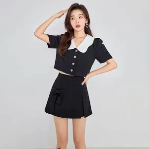 Sukienki robocze Dwuczęściowe zestawy kobiety stroje marynarz estetyka sukienka z krótkim rękawem i spódnice mody Koreańska spódnica mody