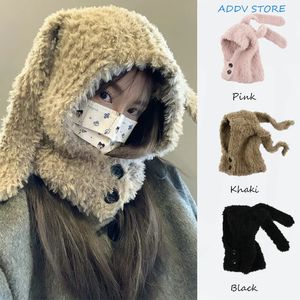 Chapéu de coelho de orelha longa de pelúcia estilo Y2K para mulheres quente e protetor de orelha balaclava chapéu outono inverno gorro 240123