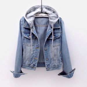 Denimjacka kvinna huva kort stil kläder retro toppcoat fickknappar långärmade varma toppar löst passande höstvinter 240125