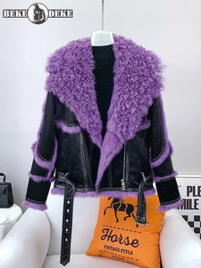 Mulheres de luxo emenda de lã de ovelha gola punk real coelho forro de pele curto casaco inverno alta rua grosso quente jaqueta de couro falso 240129