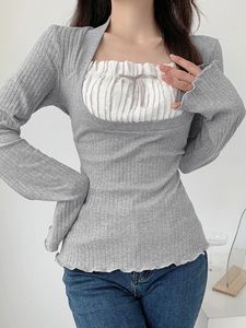 Kvinnors T-skjortor Fashion Tube Top Spring Autumn Slim Topps Gray Long Sleeve Square Neck Contrast Color T-shirt Y2K Summer Camis