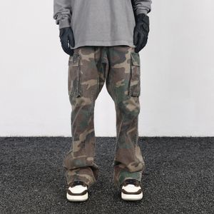 Camuflagem micro flare calças moda streetwear camo carga calças para masculino fino ajuste calças femininas baggy roupas casuais 240202