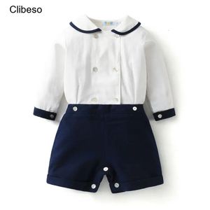 Baby Boys Sets First Birthday Clothes Outfit Kids Suits Peter Pan Collar Baptism White Shirt Short Top Black Pants Toddlers 240127