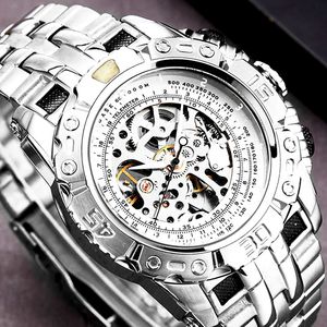 Luxury Silver Gold Automatic Mechanical Watch for Men Full Steel Skeleton Wristwatch Clock Over-Sized Big Dial Relogio Masculino 240123