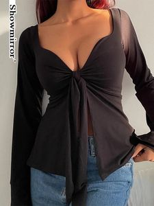 Showmirror Twist Lace Up Slit Dişi Üstler Temel High Street Uzun Kollu Tshirt Kare Yaka Seksi Düşük Kesim Hırka Sonbahar Bluz 240127