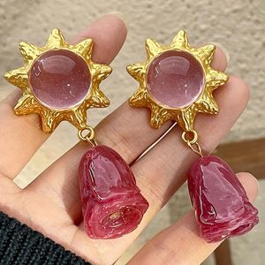 Fashion Jewelry Baroque Retro Vintage Ice Grain Pink Crystal Sunflower Earring Rose Pendant Flower Resin Drop Earrings