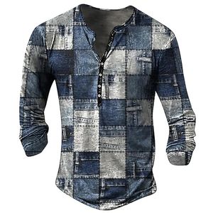 Vintage Men's Tshirt Graphic T Shirts Cotton Tees Geometic Line 3D Tryckt långärmad Henley Shirt Overized Men Clothing Tops 240123