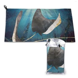 Towel Stingray Quick Dry Gym Sports Bath Portable Ocean Nature Marine Aquatic Gold Blue Kelp Abstract Contemporary