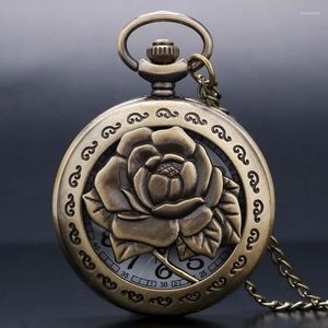 Pocket Watches Hollow Vintage Bronze Rose Fashion Quartz Necklace Watch Display Pendant Clock Collections Gifts