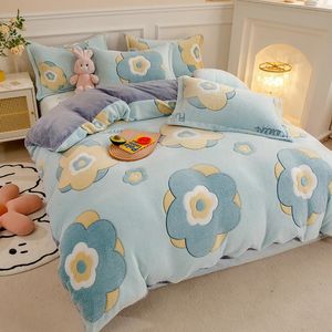 1PC Duvet Cover i 2pc Pillowcase Zestaw Flanela Coral Polarowe ciepłe zimowe grube Pojedynczy podwójna Król Królowa Zestaw pościeli 240127