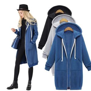 Hoodies Women Autumn and Winter Thickening Loose Fashion Solid Color Pocket Design Top Hooded Long Sweatshirts Coat 240131
