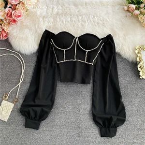 Blusas femininas blusa chique com sutiã embutido diamante fora do ombro blusa feminina lanterna manga das mulheres topos e moda coreana dropship