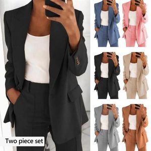 Calças femininas de duas peças conjunto blazer mulheres trabalho terno outono manga longa lapela colarinho chique um botão