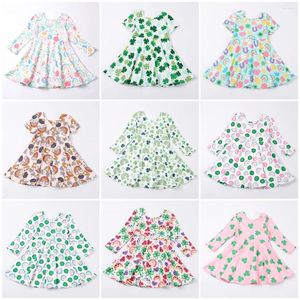 Vestidos de menina Girlymax Primavera Dia de São Patrício Bebê Meninas Crianças Roupas Leite Seda Trevo Forma Shamrock Twirl Vestido Na Altura Do Joelho