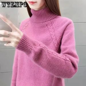 WTEMPO Suéter feminino gola alta malhas pulôver sólido manga comprida fofo tendência jumper outono e inverno malhas top 240130