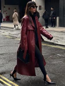 Women Vintage Wine Red Lapel Long Pu Coats Autumn Fashion Double Breasted With Belt Overcoat Female Elegant Leather Streetwear 240122