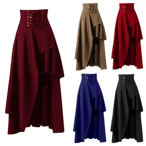 Saias femininas steampunk vintage bandags mulheres roupas góticas cor sólida rendas até cintura alta irregular maxi saia moda casua